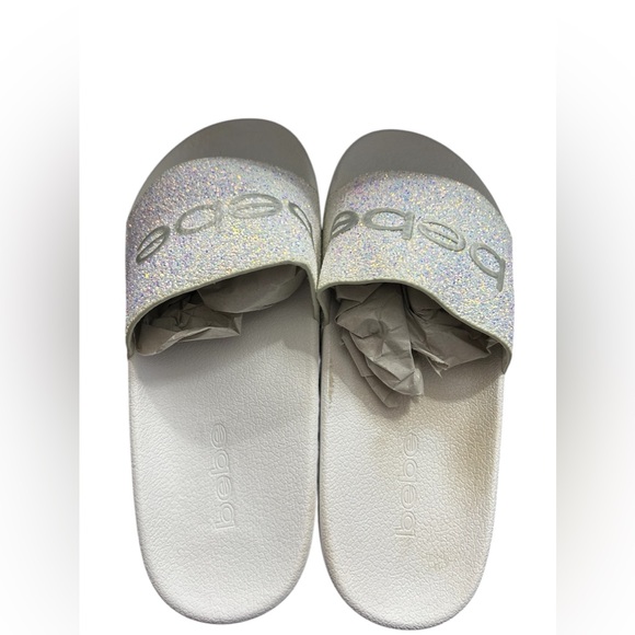 Bebe Fraida Slide Sandals White Sparkle Glitter Slides Size 6M New in Box - Picture 3 of 6